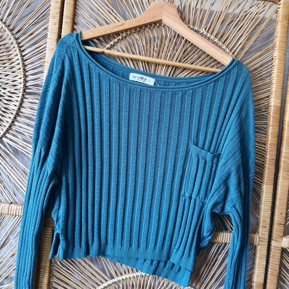 Natural Life Round Neck Ribbed Crop Sweater SZ L Teal Blue Green Cropped Top - Picture 3 of 4